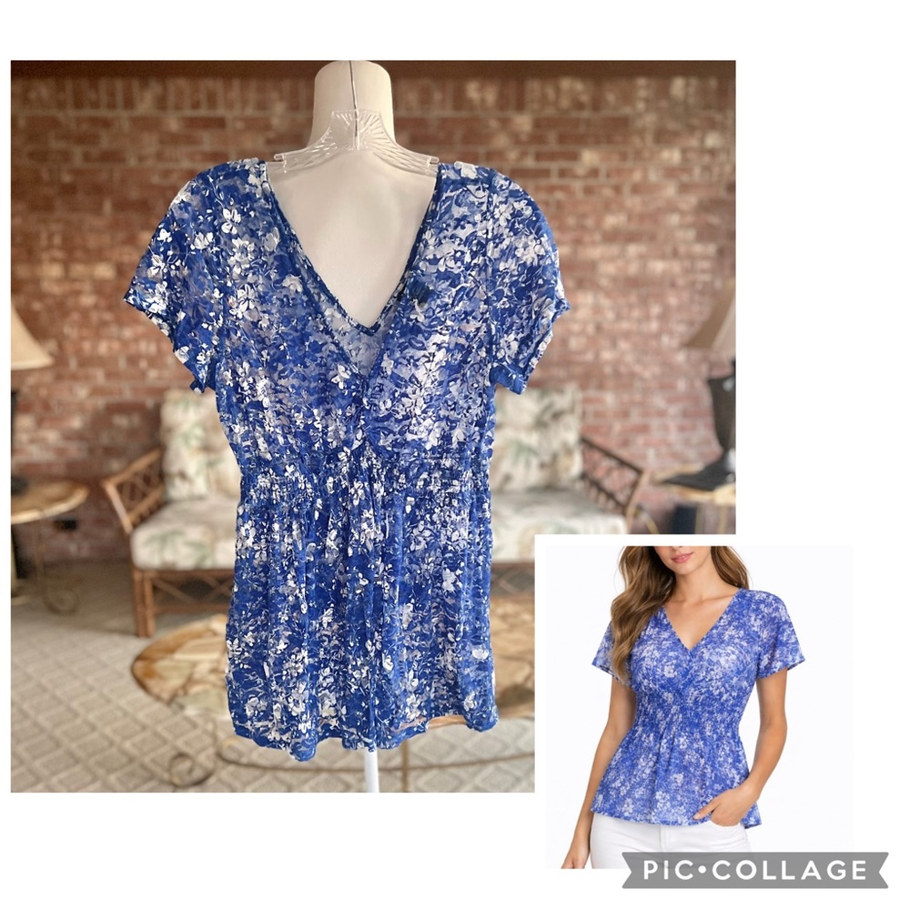 Torrid Top Lace Smocked Floral Embroidered Mesh Blue Short Sleeves Tunic 0X/12